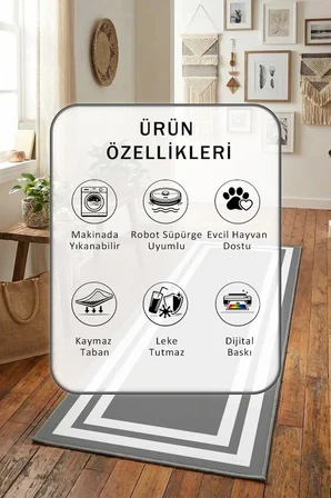 Yıkanabilir Kaymaz Çerçeve Antresit Gri Beyaz Dijital Baskılı Yolluk Halı Tüy Tutmaz Beyaz