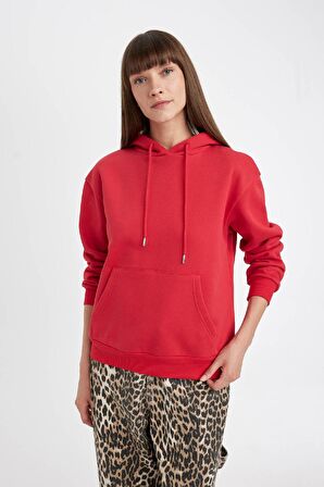DeFacto Relax Fit Kapüşonlu Kanguru Cepli Kalın Basic Düz Sweatshirt W1240AZ24WNRD79