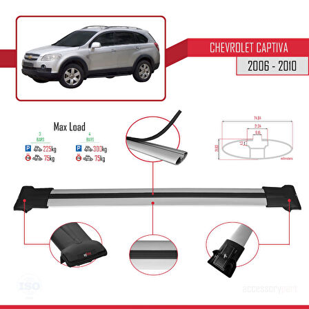 Chevrolet Captiva 2006-2010 Arası ile Uyumlu FLY Model Ara Atkı Tavan Barı Gri 3 Adet