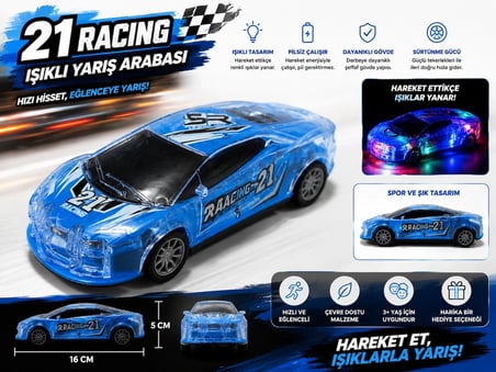 Işıklı Şeffaf Yarış Arabası – Sürtmeli Oyuncak Spor Araba | LED Işıklı