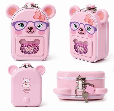Lucky Bear Kilitli Metal Kumbara pembe – Anahtarlı Para Kutusu 15 cm Çocuk Kumbarası