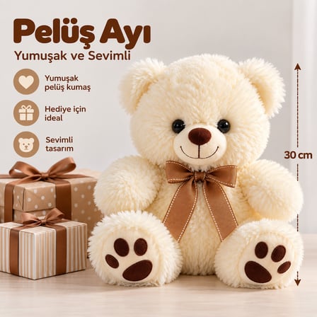30 cm Pelüş Ayı – Fiyonklu Yumuşak Oyuncak Ayıcık beyaz