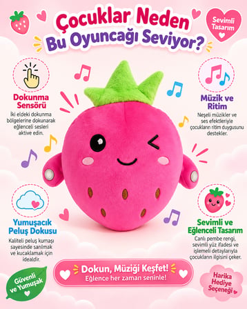 Etkileşimli Çilek Peluş Oyuncak – Dokunmatik Sensörlü Müzikli ve Eğlenceli Oyuncak