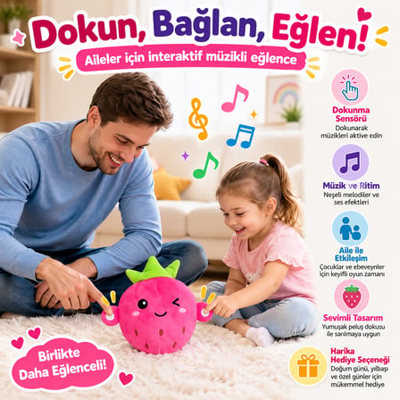Etkileşimli Çilek Peluş Oyuncak – Dokunmatik Sensörlü Müzikli ve Eğlenceli Oyuncak