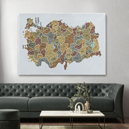 Harita Sepeti Türkiye Haritası Kanvas Tablo İl ve İlçeli Ayrıntılı Eğitici Dekoratif Tablo 3050