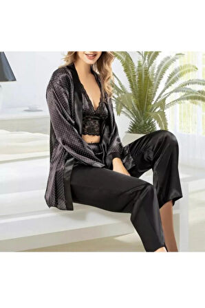 Kadın Saten Üçlü Siyah Pijama Takımı LL.N1.I0.LA.006