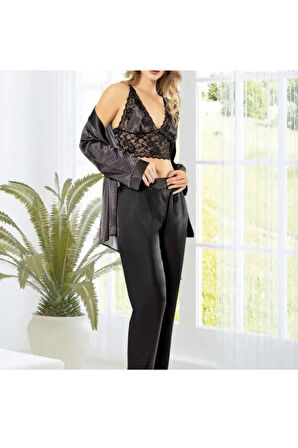 Kadın Saten Üçlü Siyah Pijama Takımı LL.N1.I0.LA.006