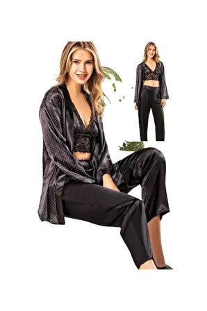 Kadın Saten Üçlü Siyah Pijama Takımı LL.N1.I0.LA.006