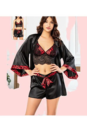 Kadın Saten Leopar Desenli Siyah & Kırmızı 3 Parça Pijama Takımı LL.N1.I0.LA.013