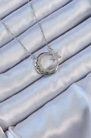 Narin Boyunlar için Çelik Zincir Silver Zirkonlu AyYıldız Stil Kolye