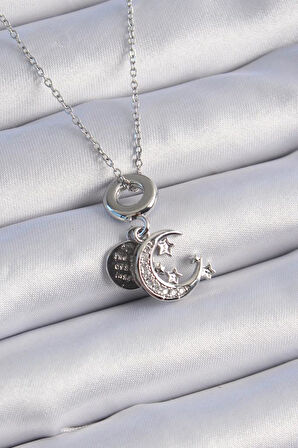 Narin Boyunlar için Silver Çelik Zirkonlu AyYıldız Charm Kolye