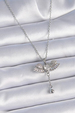 Narin Boyunlar için Silver Çelik Zirkonlu Zincir Kanat Sallantı Kolye