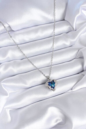 Narin Boyunlar için Çelik Silver Mavi Kristal Kalp Zirkonlu Kolye