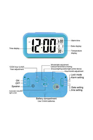 Özel Hediye için Karanlık Sensörlü Alarmlı Dijital Mavi Masa Saati