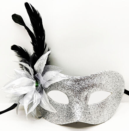 Gizemli Kostüm için Parlak Tüylü Metalize Sim Silver Maske 22X19CM