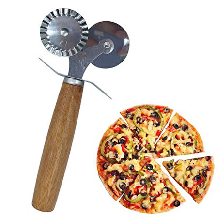 Şef Aşçı için Ahşap Saplı İkili Düz Dalgalı Pizza Börek Kesici Hamur Ruleti