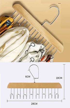 Gardolap Düzeni için 8 Kancalı Ahşap Kemer Kravat Eşarp Askısı