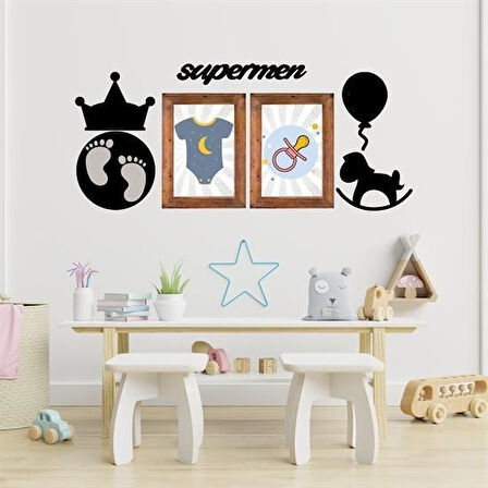 Çocuk Odası için Ahşap Tasarım Dekor Supermen Duvar Süsü Tablo Aksesuar Pano Sticker Seti