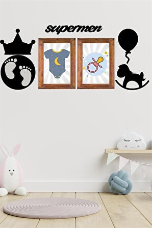 Çocuk Odası için Ahşap Tasarım Dekor Supermen Duvar Süsü Tablo Aksesuar Pano Sticker Seti