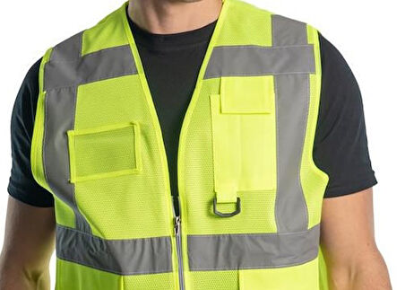 Personel İş Güvenliği için Fileli Cepli Sarı Reflektörlü L İkaz Yeleği