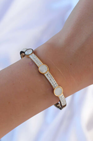 Zarif Kadın için Golden Çelik Zirkonlu Sedefli Kelepçe