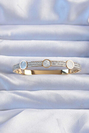 Zarif Kadın için Golden Çelik Zirkonlu Sedefli Kelepçe