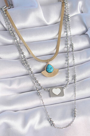 Zarif Kadın için Alaca Çelik Üçlü Zincir Damla Madalyon Kolye