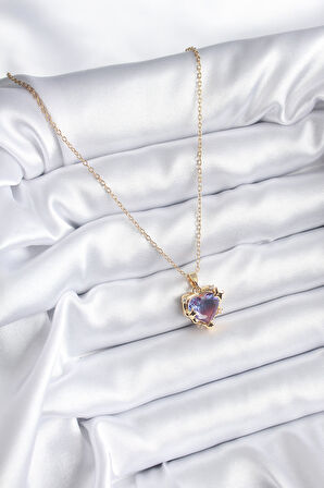 Zarif Kadın için Golden Çelik Zincir Mor Renk Zirkonlu Kalp Kolye