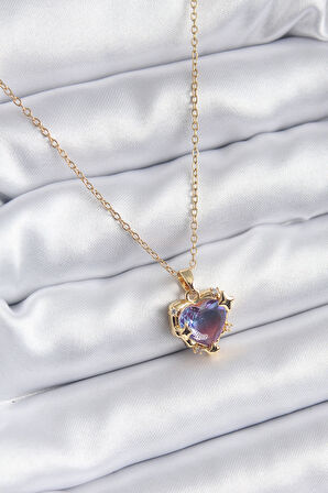 Zarif Kadın için Golden Çelik Zincir Mor Renk Zirkonlu Kalp Kolye