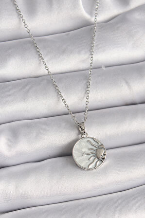 Zarif Kadın için Silver Çelik Zincir Beyaz Sedefli Gün Batımı Kolye