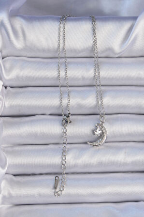 Zarif Kadın için Silver Çelik Zincir Zirkonlu Ayyıldız Stil Kolye