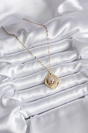 Zarif Kadın için Golden Çelik Zirkonlu Puma Kolye