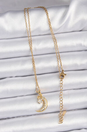 Zarif Kadın için Golden Çelik Zincir Zirkonlu Ayyıldız Stil Kolye