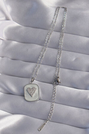 Zarif Kadın için Silver Çelik Zincir Mermer İşli Zirkonlu Kalp Kolye