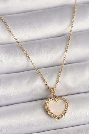 Zarif Kadın için Golden Çelik Zincir Zirkonlu Beyaz Mineli Kalp Kolye