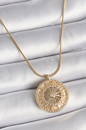 Zarif Kadın için Golden Çelik Zirkonlu 12 Burç Madalyon Kolye