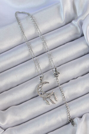 Zarif Kadın için Silver Çelik Zincir İşli Zirkonlu Ay Kolye