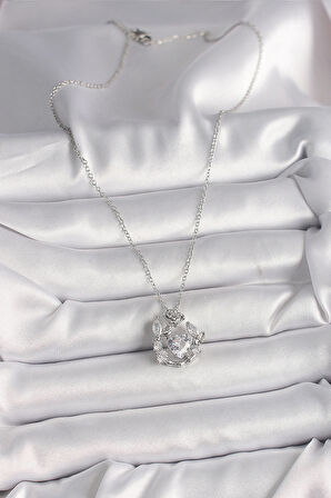 Zarif Kadın için Silver Çelik Zincir Zirkonlu Kalp Tip Gül Stil Kolye