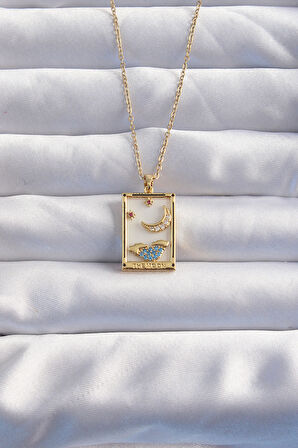 Zarif Kadın için Golden Çelik Zincir Ay Mavi Zirkonlu Tarot Kolye