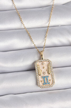 Zarif Kadın için Golden Çelik Zincir İkizler Burcu Zirkonlu Kolye