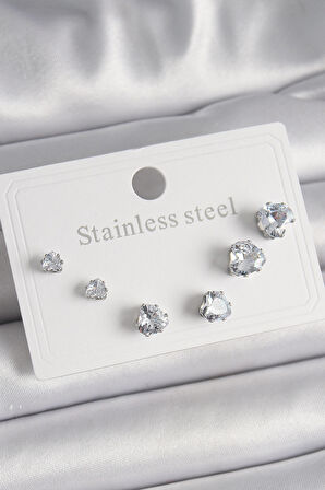 Zarif Kadın için Silver Çelik Zirkonlu Kalp Küpe Seti