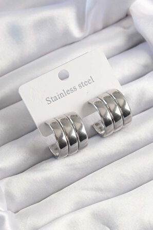 Zarif Kadın için Silver Çelik Üçlü Görüm Bombe Yarım Halka Küpe