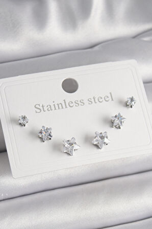 Zarif Kadın için Silver Çelik Zirkonlu Yıldız Küpe Seti