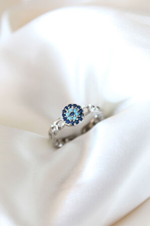 Zarif Kadın için Silver Zirkonlu Nazarlıklı Kaplı Yüzük