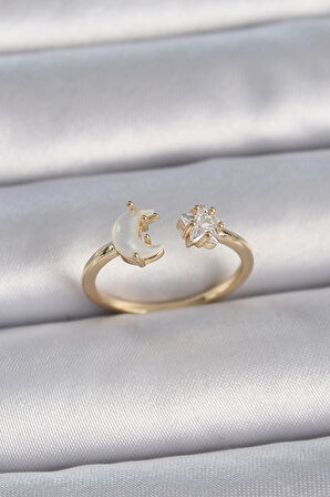 Zarif Kadın için Golden Pirinç İncili Hilal Zirkonlu Yıldız Ayarlı Yüzük