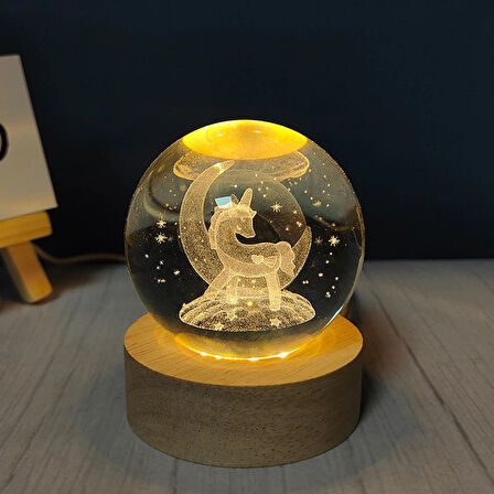 Büro Ev Hediyesi için 8CM Işıklı Ahşap Altlıklı Ayda Unicorn Cam Küre