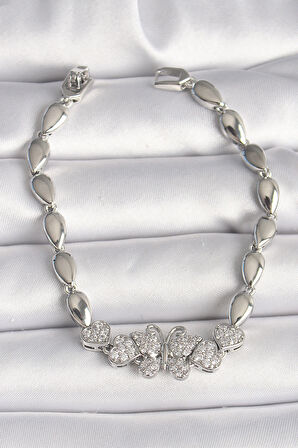 Zarif Kadın için Silver Pirinç Zirkonlu Kelebekli Damla Zincir Bileklik