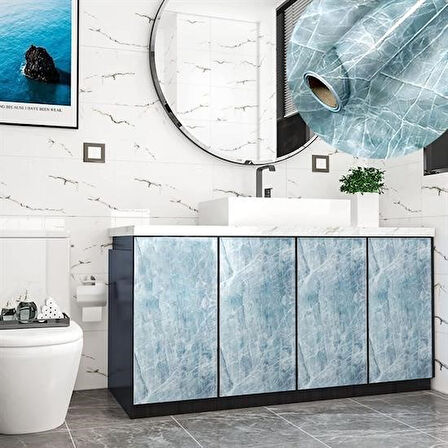 Büro Ev Ofis Mutfağı için 0,6x5MT Mavi Mermer Desen Sızdırmaz Yapışkanlı Folyo