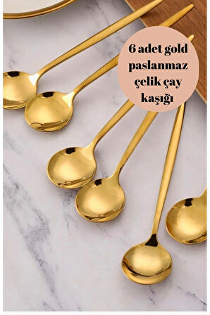 Büro Ev Ofis Mutfağı için 6ADET Çelik Golden Titanyum Kaplı Çay Kaşığı Seti