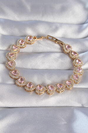 Zarif Kadın için Golden Pirinç Zirkonlu Luks Pembe Kalp Bileklik